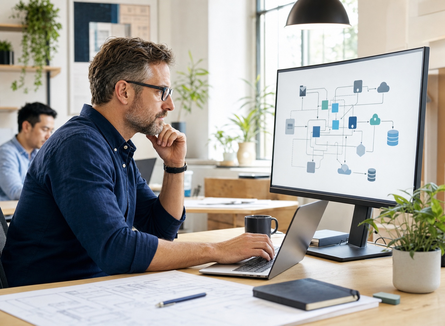 Technology engineer reviewing a secure automation architecture