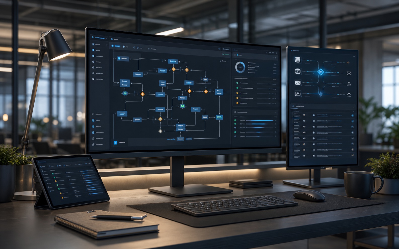 Automation workflow engineering dashboard with connected operational systems