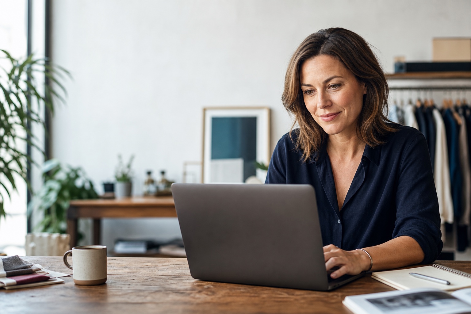 A small-business owner working on her website